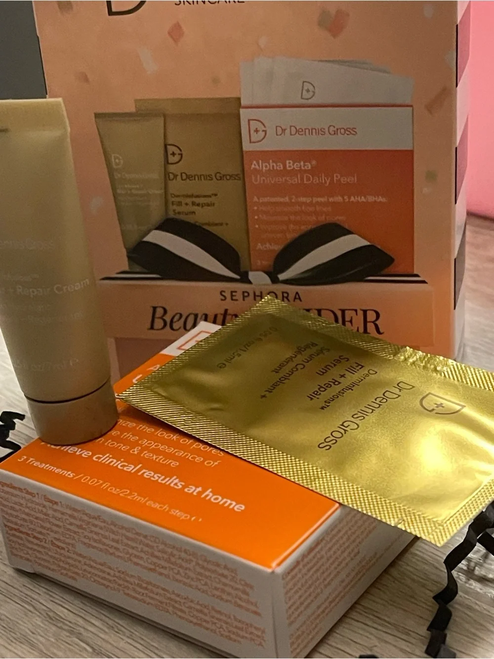 Sephora Peach & Gold Beauty Insider Gift Box with Black-White Ribbon